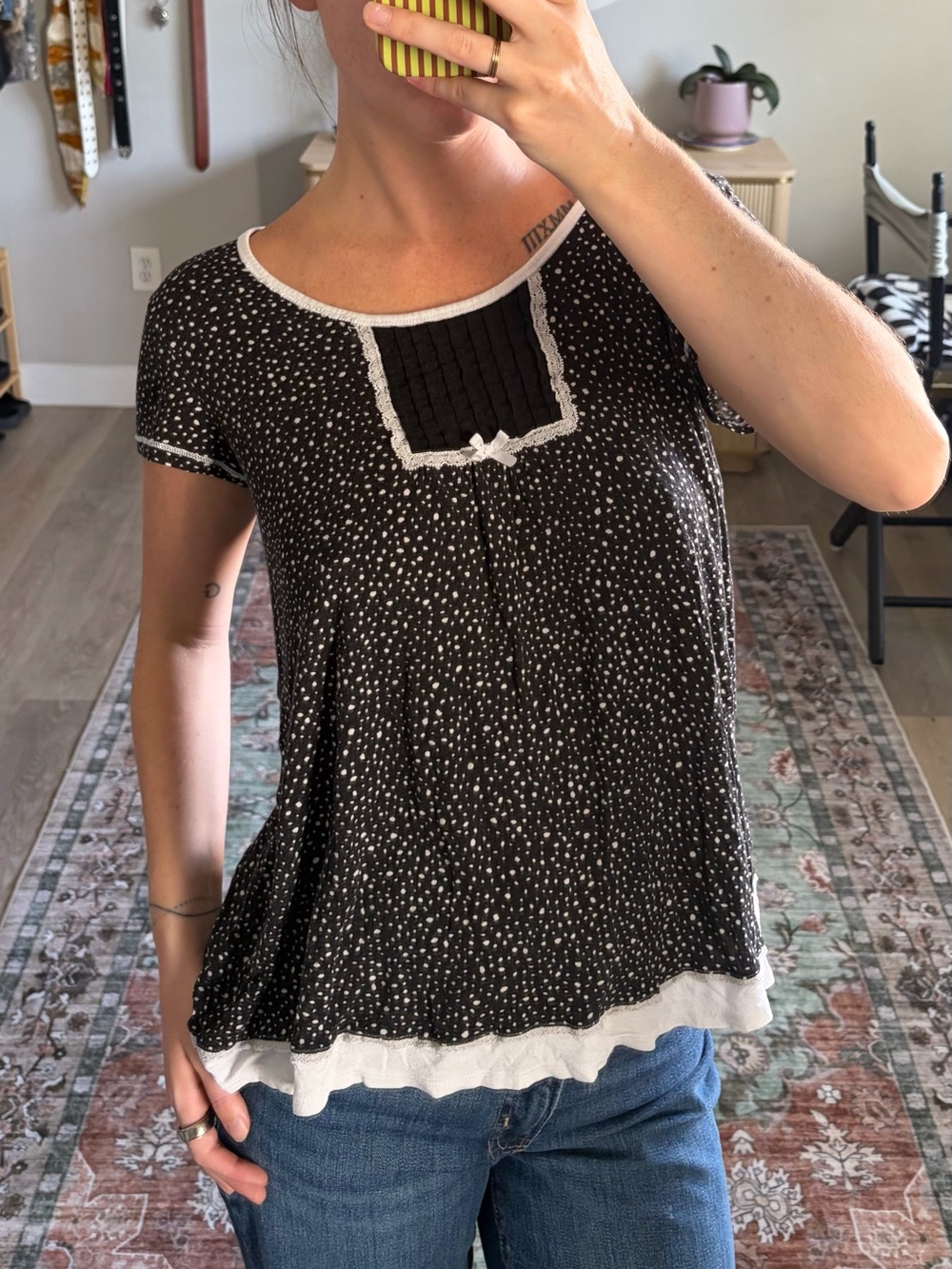Simply Vera Vera Wang Black White Babydoll Lace Trim Top Medium